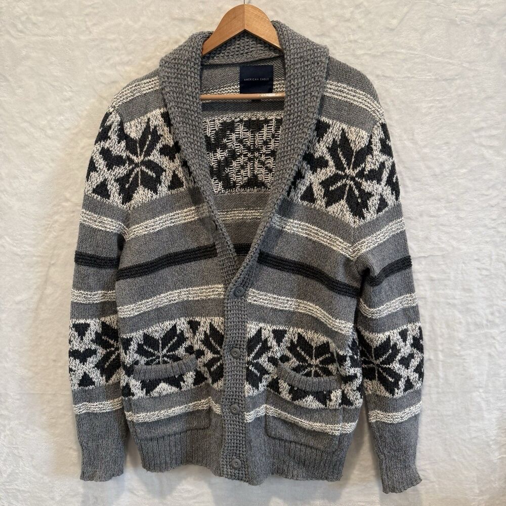 American Eagle Fair Isle Cardigan Sweater Shawl Collar Fisherman Nordic Mens XL